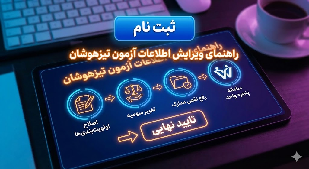 ویرایش اطلاعات ثبت نام آزمون تیزهوشان نهم به دهم ۱۴۰۵ ویرایش اطلاعات ثبت نام آزمون تیزهوشان ششم به هفتم ۱۴۰۵