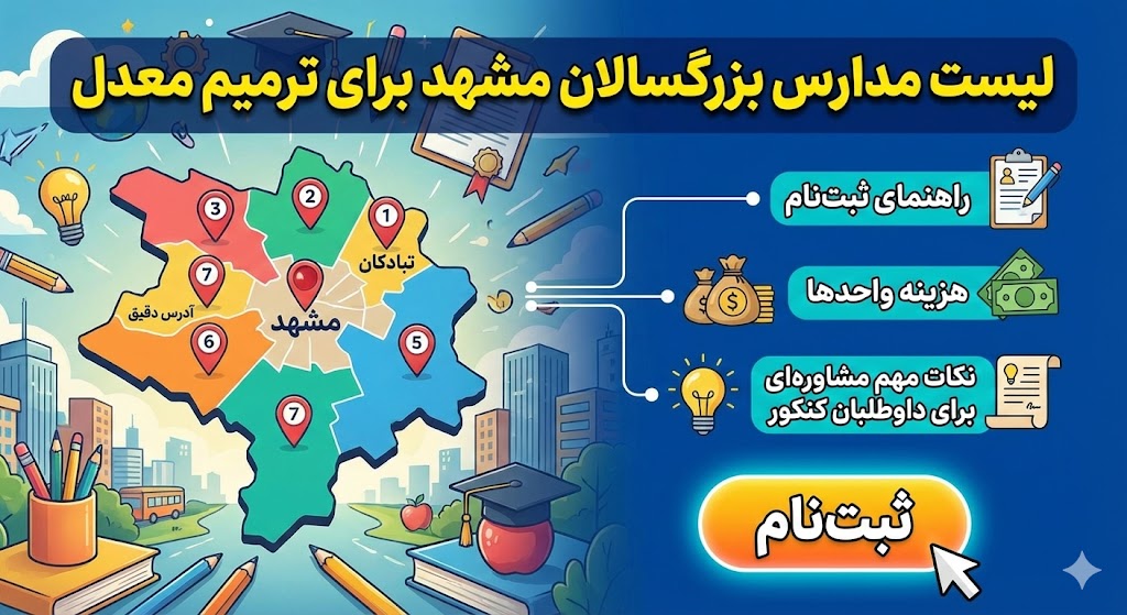 لیست مدارس بزرگسالان مشهد برای ترمیم معدل ۱۴۰۵ لیست مدارس بزرگسالان مشهد برای ترمیم معدل ۱۴۰۵