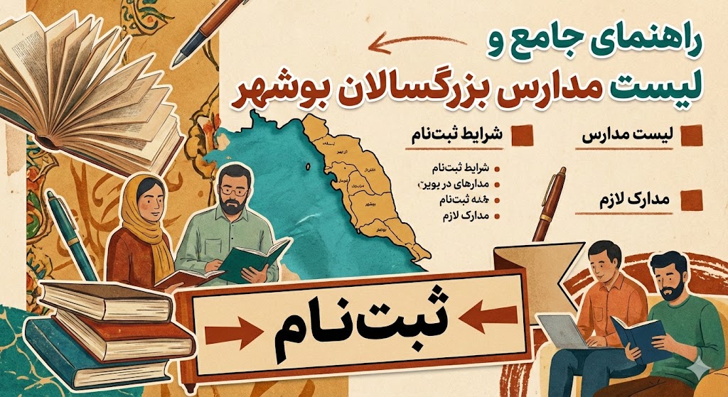 لیست مدارس بزرگسالان بوشهر ۱۴۰۵ | فهرست کامل لیست مدارس بزرگسالان بوشهر ۱۴۰۵ | فهرست کامل